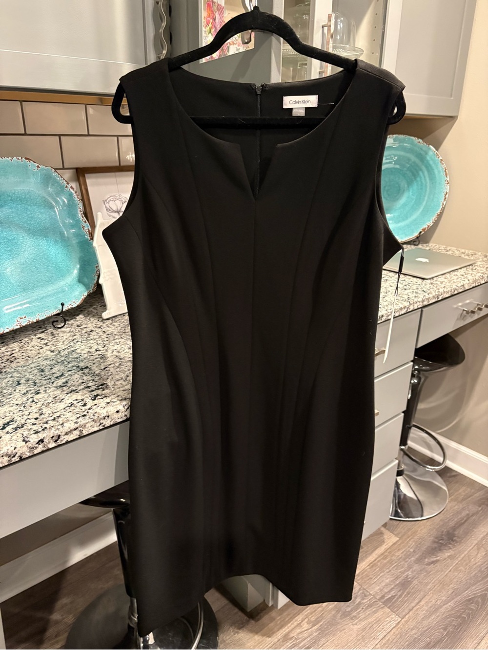 Calvin Klein Black Sleeveless Midi Sheath Dress with V-Notch - Picture 2 of 6